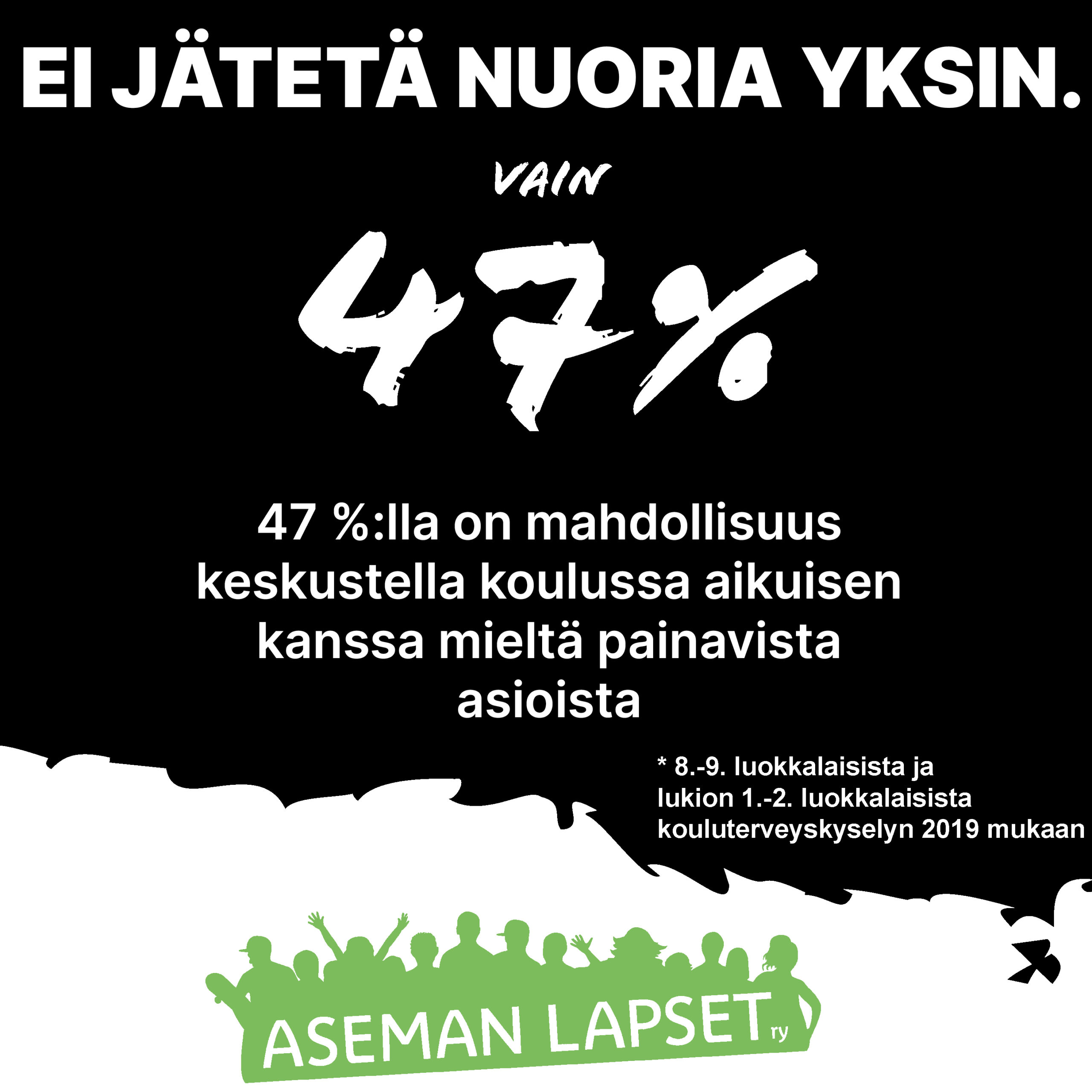 Teksti: vain 47 prosentilla on mahdollisuus keskustella oulussa aikusien kanssa mieltä painavista asioista.