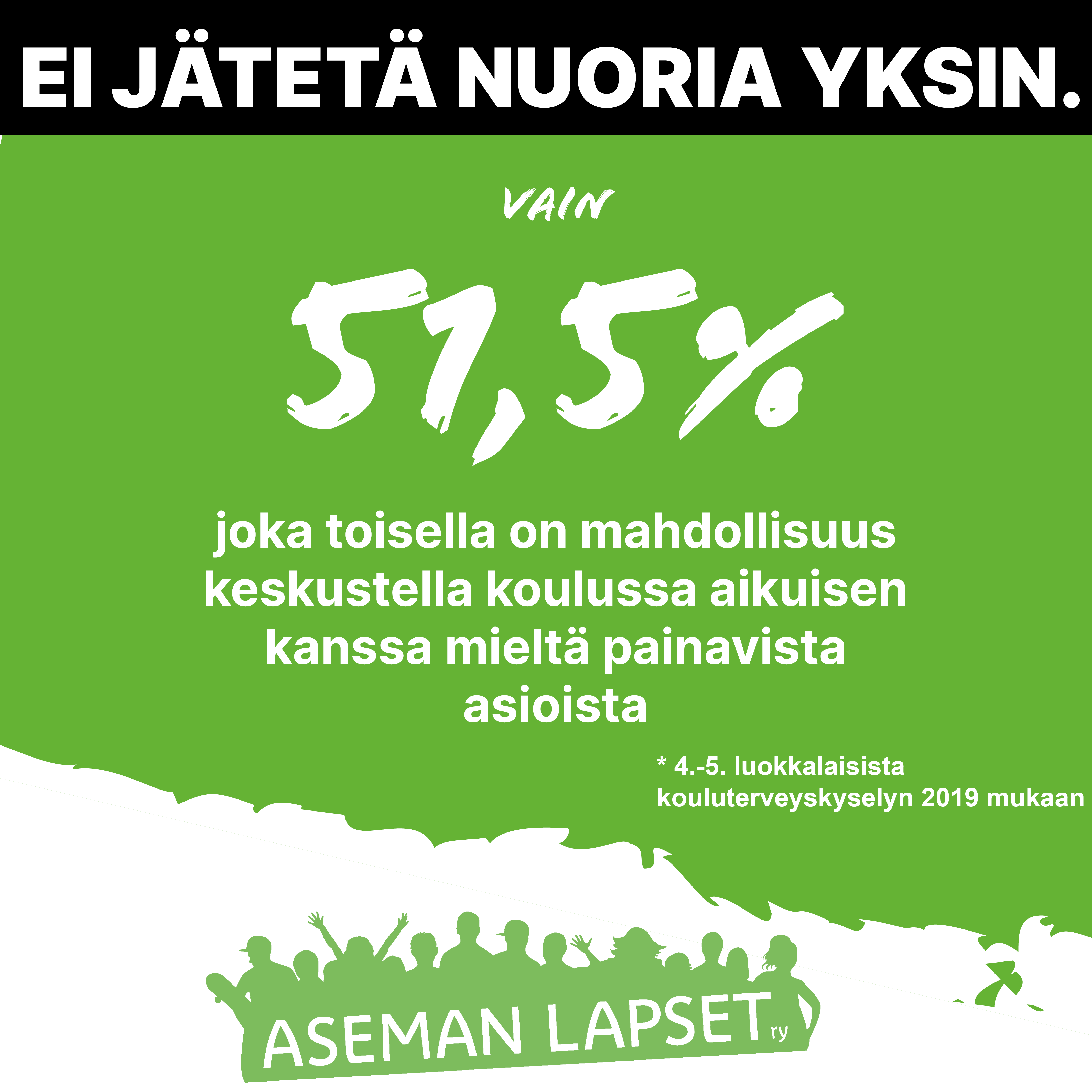 Teksti vihreällä pohjalla: 51,5 prosenttia joka toisella on mahdollisuus keskustella koulussa aikuisen kanssa mieltä painavista asioista.