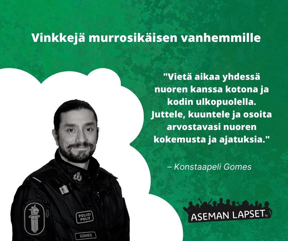 Poliisi vaalealla taustalla, vihreän taustan päällä valkoinen teksti