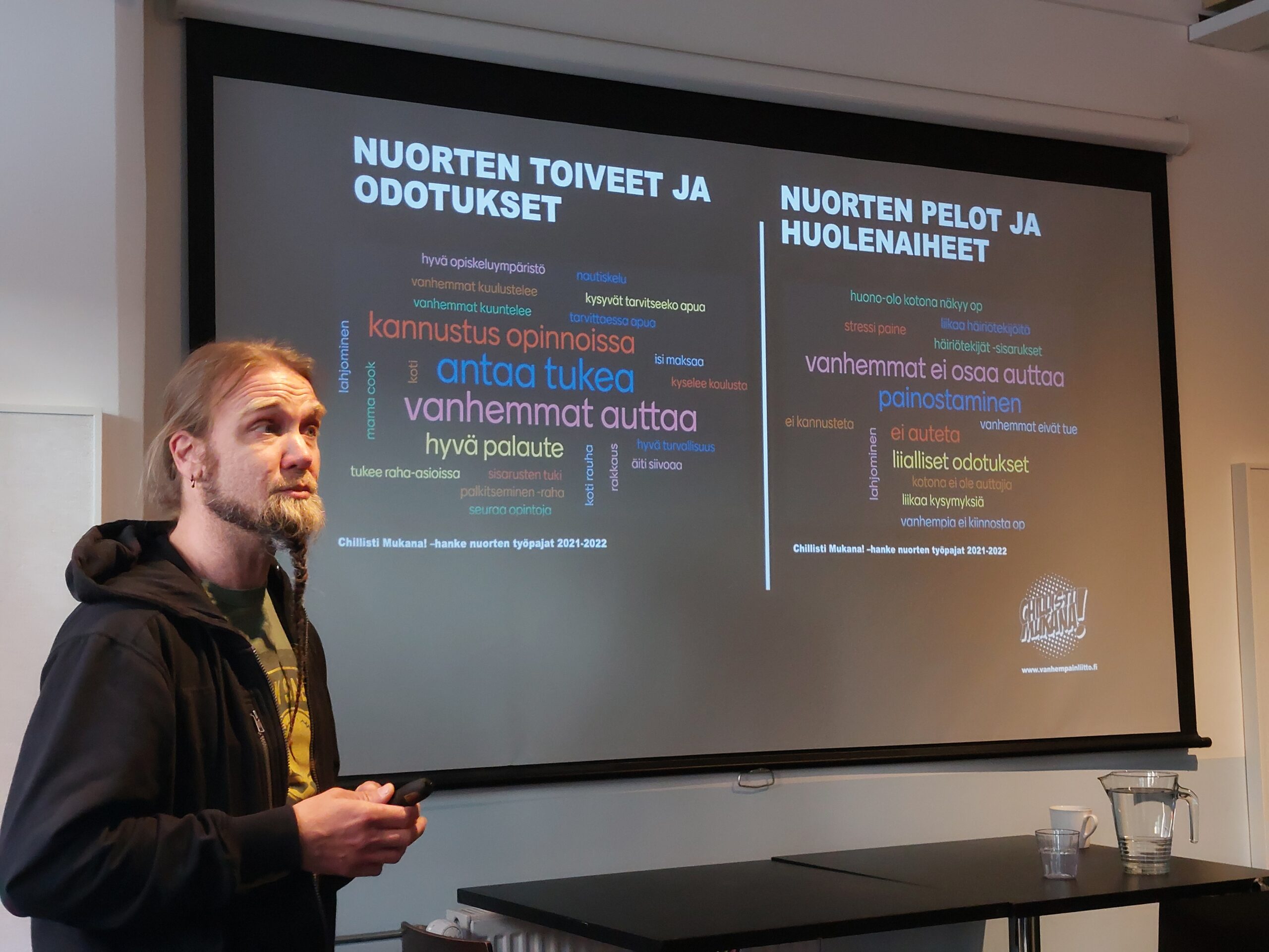 Parraskas mies esitysdian edessä, jossa lueteltu nuorten toiveita, odotuksia sekä pelkoja ja huolia sanapilvessä. Toiveissa hyvä palaute ja kannustus opinnoissa. Peloissa painostaminen, liialliset odotukset ja että vanhemmat ei osaa auttaa.