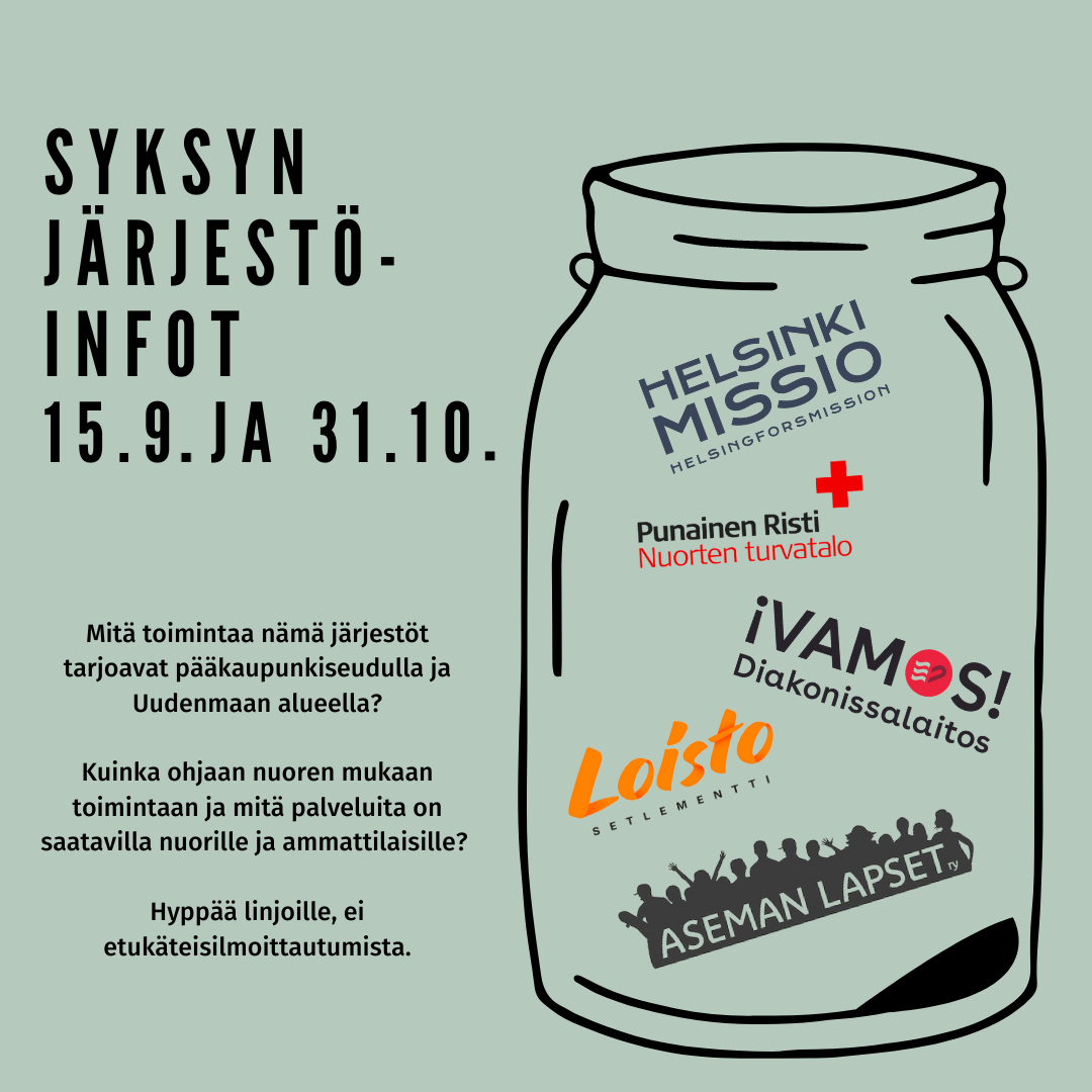 Vihertävällä pohjalla lasinen purnukka, jonka sisällä viiden järjestön logot. Vieressä teksti