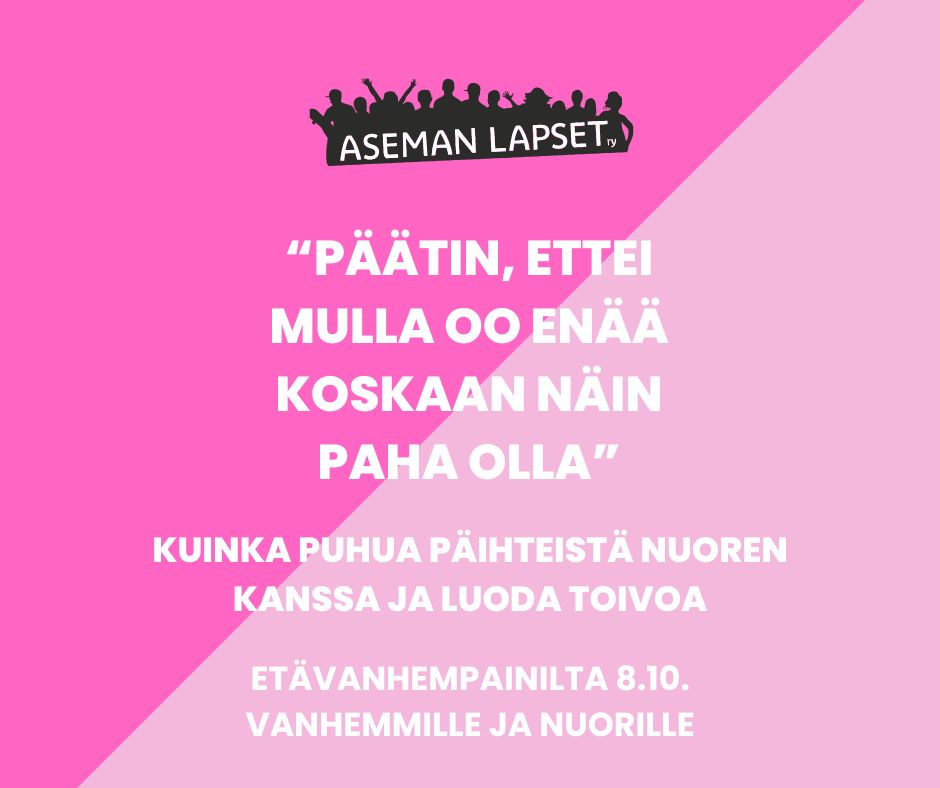Vaaleanpunaisella taustalla Aseman Lapset ry:n logo ja teksti