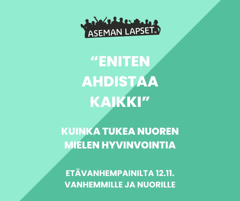 Vihreällä taustalla Aseman Lapset ry:n logo ylhäällä, alapuolella teksti