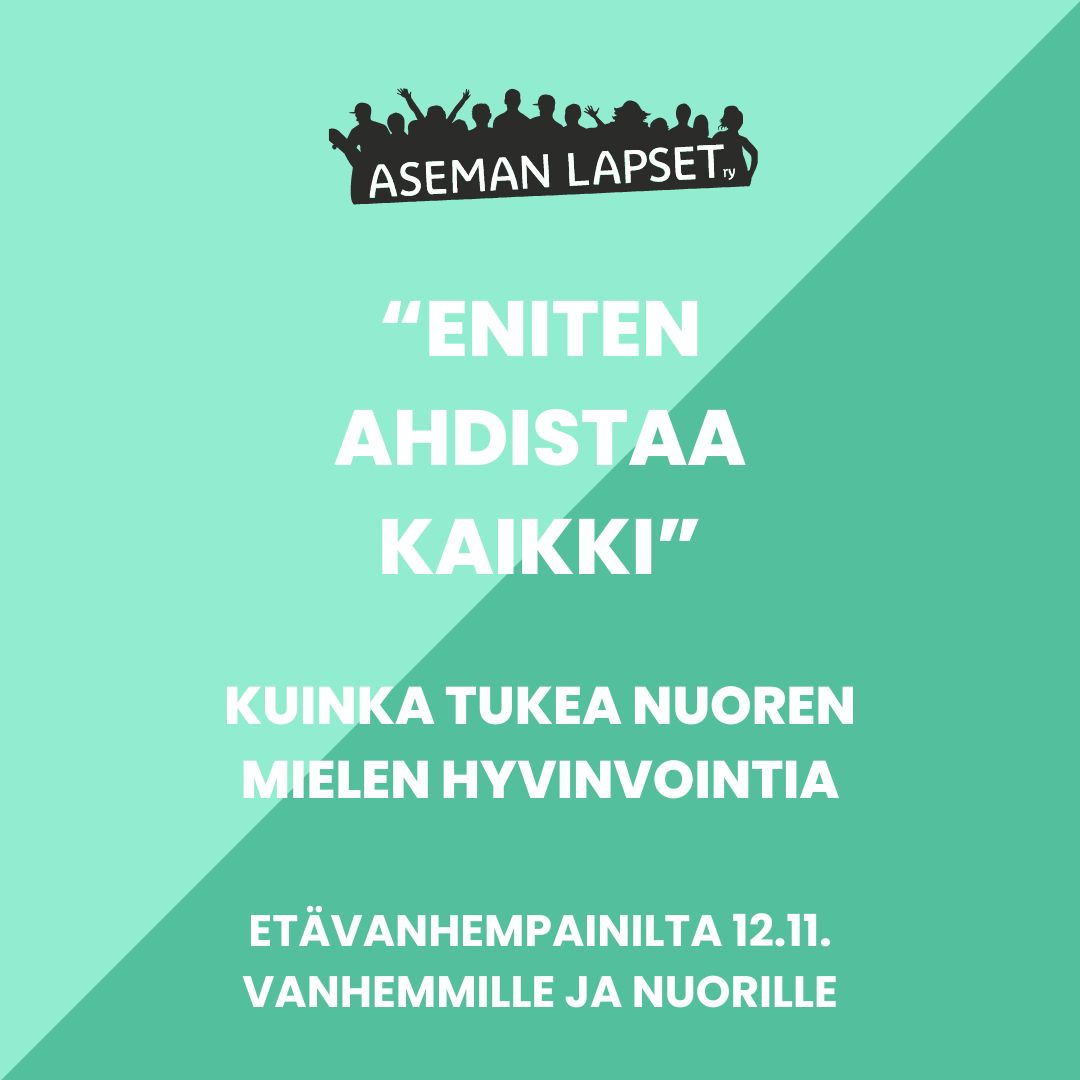 Vihreällä taustalla ylhäällä Aseman Lapset ry:n logo ja teksti