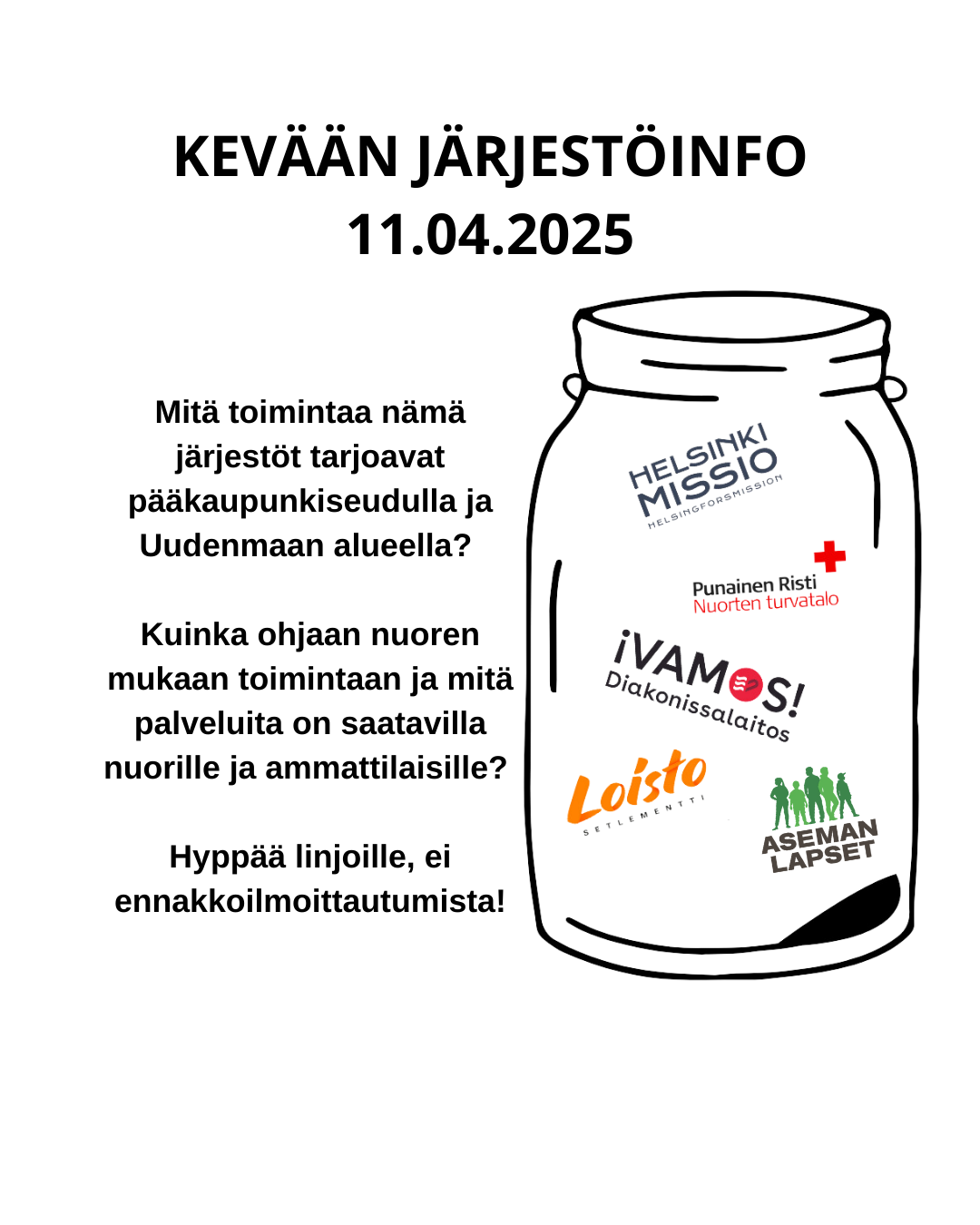 Piirretty kuva lasipurkista, jossa viiden järjestön logot sisällä.